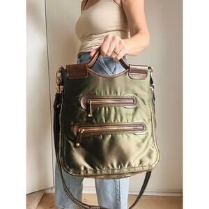 Tod's Olive Green and Brown Nylon Leather Trim Crossbody Tote